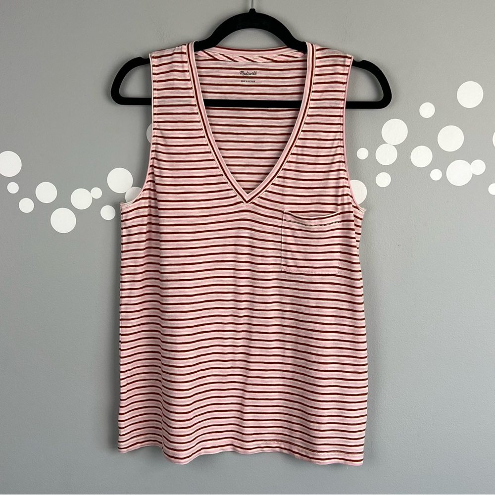 NWT Madewell Whisper Cotton V-Neck Tank Top Pink Brown Stripe